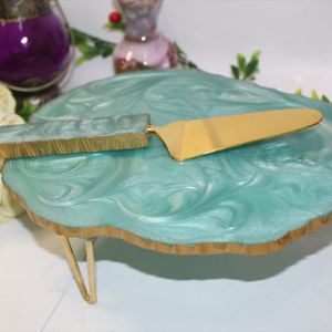 Handmade Resin Circular Cake Platter Stand with Irregular Turquoise Swirl Gold Trim Dishwasher Safe Serving <b>Tray</b> - Product Image 1