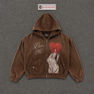 เสื้อฮู้ดซิปพรีเมียมสีน้ำตาลลายหัวใจ สไตล์สตรีทแวร์ ผ้าฝ้ายเฟรนช์เทอร์รี่ พิมพ์ลายหัวใจ ลำลอง สวมใส่ได้ในฤดูใบไม้ร่วง สำหรับผู้ชาย - Product Image 5