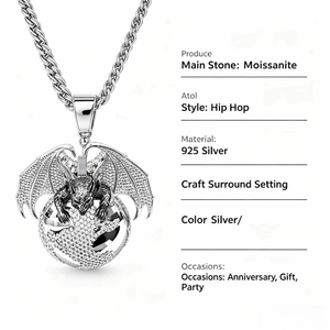 Colgante de Moissanita Corazón de Dragón, Plata 925 con Baño de Rodio, Joyería Hiphop para Hombre, Uso Diario - Product Image 6