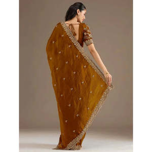 Wedding Apparel Classic <b>Golden</b> Zari Embroidered Silk Reception <b>Saree</b> with Blouse - Product Image 5