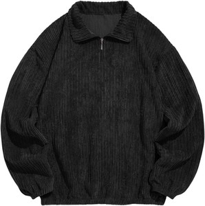 Sweat-shirt décontracté pour homme en velours côtelé surdimensionné, col rabattu, manches longues, couleur unie, fermeture éclair partielle, idéal pour l'automne - Product Image 1