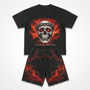 Ensemble t-shirt et short pour homme style punk, imprimé crâne noir, col rond, tenue streetwear d'été - Product Image 2