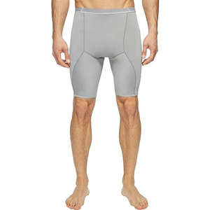 Shorts de compression taille haute pour homme, gris uni, en tricot de spandex et nylon, respirant, taille élastique, longueur capri décontractée - Product Image 1