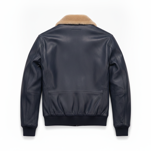 Men's Navy Blue <b>Genuine</b> Leather Bomber Jacket With Faux Fur Collar Zipper Closure Winter Windproof Moto Style - Product Image 3