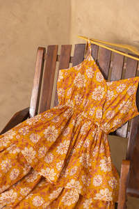 Mustard Floral Print <b>Spaghetti</b> <b>Strap</b> Cotton <b>Midi</b> <b>Dress</b> For Women Featuring Lightweight Fabric Modern Style Comfortable Fit - Product Image 4