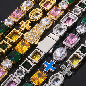 Bracelet de luxe multicolore en moissanite avec pierres émeraude taille princesse et taille ronde, breloque croix, style hip-hop glacé, bijou tendance - Product Image 4