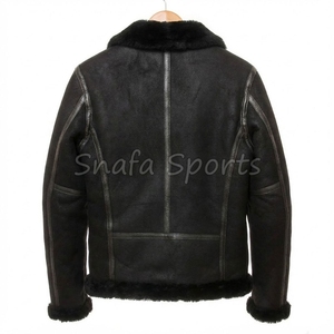 Veste d'aviateur en cuir véritable noir pour homme, col rabattu, coupe-vent, style streetwear, chaude, imperméable, avec fourrure - Product Image 2