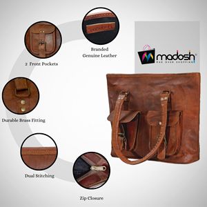 Sac fourre-tout à bandoulière en cuir véritable marron pour femme, création d'artiste, avec fermeture éclair, doublure en coton et poches pour le shopping quotidien - Product Image 3