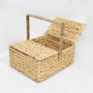 Water Hyacinth Vintage <b>Rectangle</b> Picnic <b>Basket</b> Handwoven <b>Storage</b> with Handle - Product Image 1