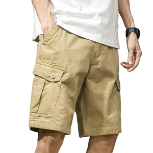 New Men's Khaki Cargo Shorts Solid Color Cotton Breathable Mid Waist Casual Bermuda Shorts With Pockets Button Fly Woven Style - Product Image 1