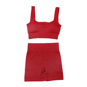 Women 2 Piece Yoga Set Seamless Crop Top High Waist Shorts Solid White Ribbed Spaghetti Strap Sleeveless Sportswear - Product Image 5