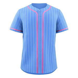 <b>Light</b> Blue Striped Baseball Jersey With Pink Trim Short Sleeve Unisex Breathable Sportswear Uniform Adult Size Regular Fit - Product Image 1