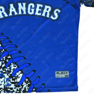 Blaze Rangers Baseball Jersey Men's Short Sleeve Sublimated Moisture Wicking Crew Neck <b>Athletic</b> Fit Blue Camouflage Print - Product Image 4