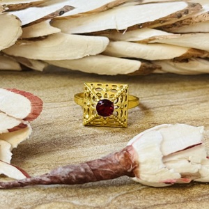 High Demand Pyramid <b>Garnet</b> Brass <b>Ring</b> 18k Gold Plated Statement Hollow Cutout <b>Ring</b> Geometric <b>Ring</b> For Women Solitaire <b>Ring</b> - Product Image 1