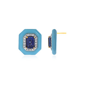 14K Yellow Gold Emerald Cut <b>Blue</b> Sapphire Halo <b>Stud</b> <b>Earrings</b> Lab Grown Diamond Octagon Shape Luxury Jewelry for Women - Product Image 3