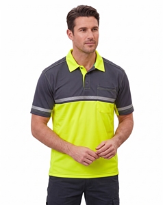custom mens diagonal split safety polo shirts <b>neon</b> yellow charcoal grey reflective stripe hi vis workwear short sleeve work <b>top</b> - Product Image 4