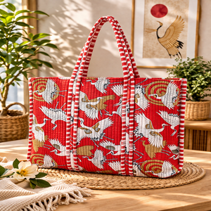 Red Crane Print Cotton <b>Lightweight</b> Foldable Zipper Tote <b>Bag</b> Large Capacity Reusable Shopping <b>Bag</b> Eco Friendly Women Shoulder - Product Image 4