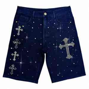 Nouveau design de jeans de haute qualité, denim gris foncé déchiré, shorts avec strass pour hommes - Product Image 2