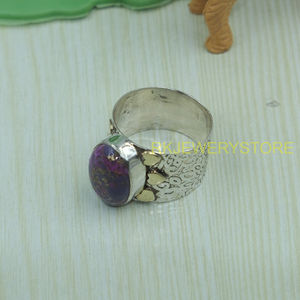 Bague en cuivre violet et turquoise, argent sterling 925 et laiton, faite à la main, design cœur, bague statement, style bohème vintage, bijoux en pierres précieuses - Product Image 3