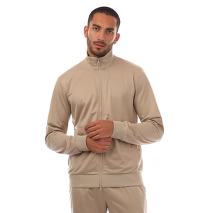 Men's Beige Stand Collar Tracksuit <b>Set</b> <b>Knitted</b> Fabric 100% Polyester Breathable Casual Wear Autumn Solid Color - Product Image 5