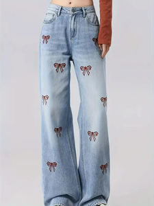 Jeans tendance taille haute pour femmes, toutes saisons, respirants, en denim brodé, coupe droite, prix de gros avec personnalisation - Product Image 3