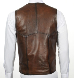 <b>Men</b>’s Western Style Vintage Brown Leather Vest Slim Fit Genuine Leather Waistcoat with Button Front Design Bulk Order - Product Image 3