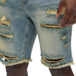 Pantalones Cortos de Mezclilla Azul Claro para Hombre, 100% Algodón, Cinco Bolsillos, Corte Regular, Casual, Verano, Largo hasta la Rodilla, Dobladillo Deshilachado, Estilo Urbano - Product Image 5