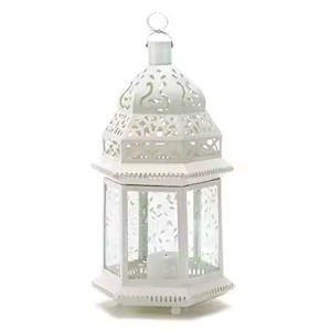 Lantern Vintage White Carved Cutout Metal <b>Glass</b> <b>Candle</b> <b>Holder</b> Light Home Hotel Garden Decor Wedding Table Top Decor Lantern - Product Image 1