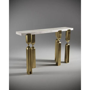 Tables consoles de luxe de haute qualité, en métal plaqué or, avec base design unique et plateau en marbre blanc - Product Image 2