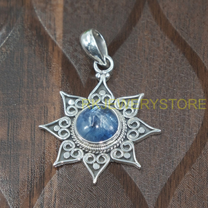 Colgante de Flor de Sol Hecho a Mano en Plata de Ley 925 con Cianita Azul, Joyería Étnica Vintage Boho, Diseño Único, Regalo para Ella, Unisex, para Él - Product Image 2