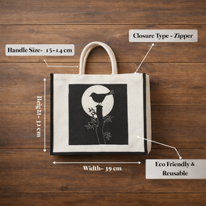 Bolsa de Mano Ecológica con Logotipo Personalizado, Asa Larga, Cierre de Cremallera, Tamaño Mediano, Estampado de Pájaros en Blanco y Negro, Reutilizable para Compras - Product Image 3