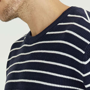 Pull-over en tricot pour homme, fabriqué sur mesure par une usine de tricots, hiver, 100% coton biologique, bleu marine rayé, col rond, long, pour homme - Product Image 4