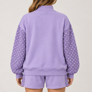 Ensemble 2 pièces pour femme en molleton lavande à pois, col montant, sweat-shirt à épaules tombantes et short assorti, vente en gros personnalisée - Product Image 2