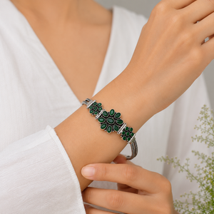 Direct Factory Antique Silver Plated Brass Zircon Onyx Bezel Setting Vintage Green Bohemian Statement <b>Beaded</b> Wedding <b>Bracelet</b> - Product Image 4