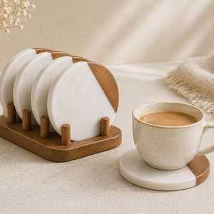 Natural Wooden And <b>Marble</b> <b>Coaster</b> Set Designer Beverage <b>Coasters</b> for Tea Coffee Mug Dining Table Protection - Product Image 1