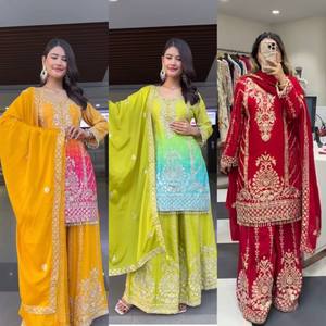 Conjunto Kurti Plazo de Seda Chinnon Pura VASTRA COTTAGE con Mangas Completamente Bordadas y Dupatta de Seda Chinnon Bordada Completamente Cosida - Product Image 6