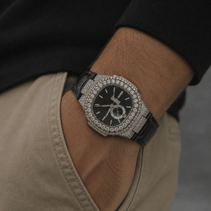 <b>Black</b> dial diamond wristwatch with silver hour markers sparkling bezel and leather strap showcasing elegant craftsmanship - Product Image 4