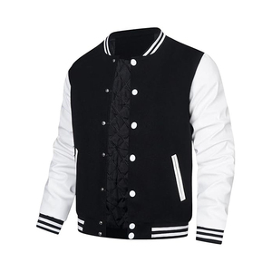 Chaqueta Varsity con Ribete en Contraste para Hombre, Mezcla de Poliéster y Lana, Detalles Acanalados, Estilo Béisbol Universitario Vintage, Casual - Product Image 2