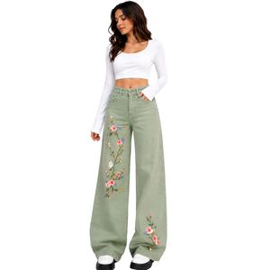 Jean large brodé floral vert sauge pour femme, taille haute, coupe ample vintage, décontracté, mode, personnalisé OEM ODM - Product Image 1