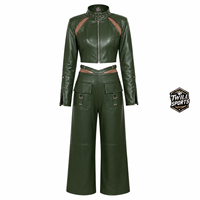 Ensembles haut et pantalon en similicuir avec logo personnalisé, col montant, manches longues, poches latérales, vêtements pour femmes, ensembles deux pièces en similicuir