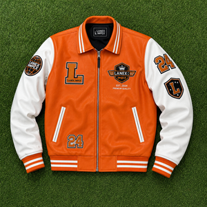 Custom Orange <b>White</b> Leather Varsity <b>Jacket</b> for <b>Men</b> Premium Letterman Bomber <b>Jacket</b> with Chenille Embroidered Patches OEM Service - Product Image 6