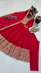 Vestido Anarkali Verde para Mujer, Vestido Bordado con Dupatta, Largo Regular, Seda Romana de Secado Rápido, Ropa Étnica India y Pakistaní para Bodas - Product Image 5