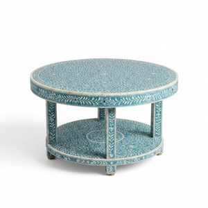 Mesa de Centro Redonda con Incrustaciones de Hueso Hechas a Mano, Diseño Floral Azul y Blanco, Muebles Indios Hechos a Mano, Venta al Por Mayor - Product Image 2
