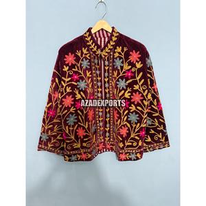 Hand Embroidered Quilted <b>Velvet</b> Mandarin Collar Jacket Full Sleeve Floral Pattern <b>Women's</b> Autumn Winter Wear Elegant Style - Product Image 2