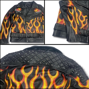 Men's Men's Studded Black Leather Biker <b>Jacket</b> with Flame Design | Punk Rock Moto Outerwear Winter Bomber <b>Jacket</b> <b>Thick</b> Padded - Product Image 4