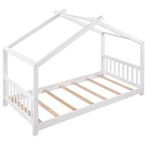 Letto a piattaforma per bambini bianco, singolo, con testiera e pediera, design unico a tetto - Product Image 4