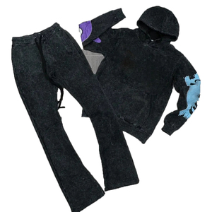 Chándal de invierno de diseñador para hombre, de peso pesado, con cremallera completa, manga larga, negro, con efecto desgastado por el sol, logotipo personalizado y bordado desgastado - Product Image 1