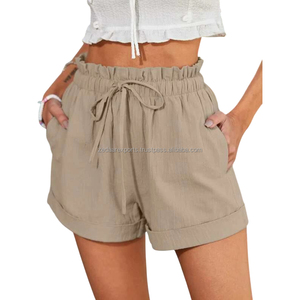 Logo personnalisé pour femmes coupe ample short en coton et lin décontracté respirant avec cordon de serrage à la taille méthode de tissage tissé - Product Image 2