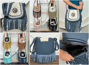 Sac bandoulière en cuir de vachette véritable suédé, style western bohème, avec rabat en coquille et pompons – Nouvelle collection très prisée - Product Image 3