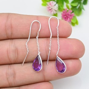 Nikhil Gems Natural Amethyst Pear Drop Threader <b>Earrings</b> Sterling Silver 925 Third Party Certified Trendy Women's/Unisex Jewelry - Product Image 5